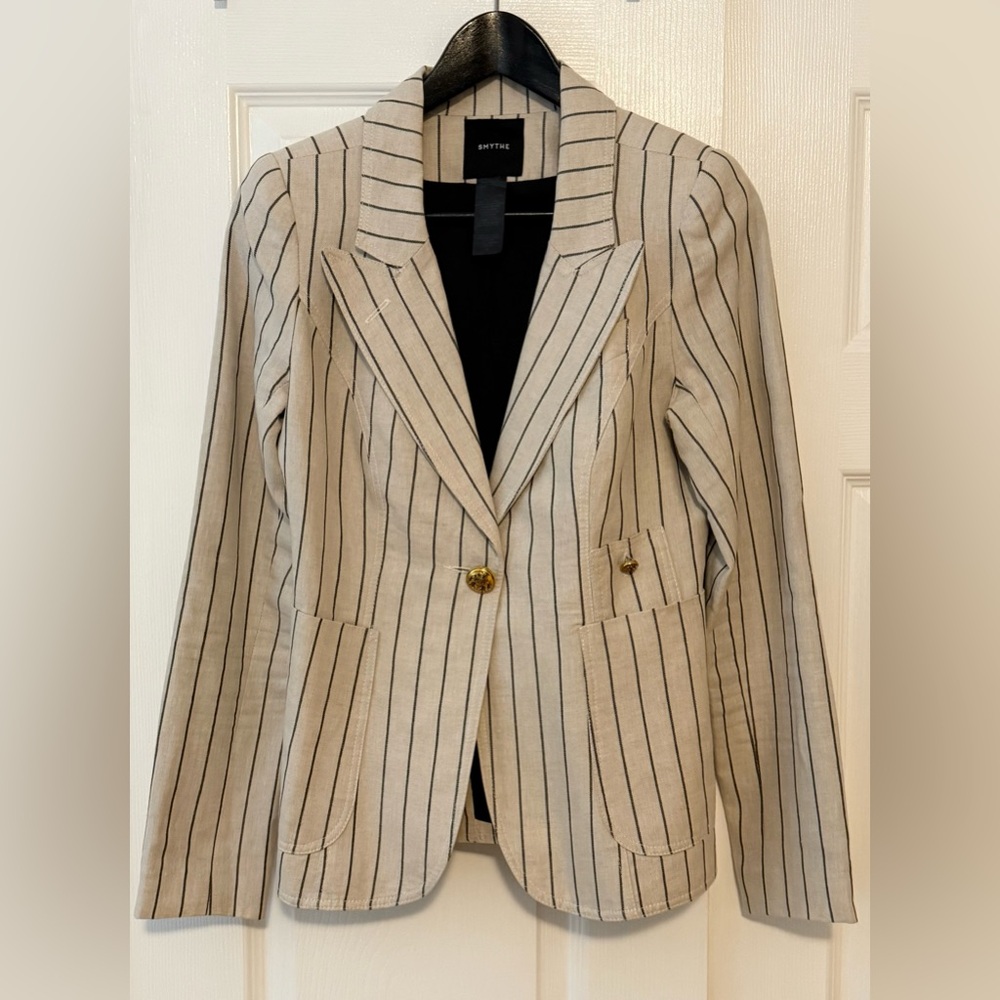 Smythe Beige and Black Striped Rifle Patch Blazer